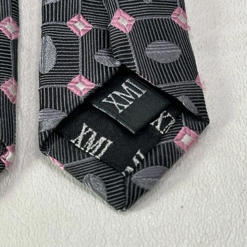 XMI Tie Mens 60 in Italian Silk Charcoal Pink Geometric Diamond Ellipsis Wide